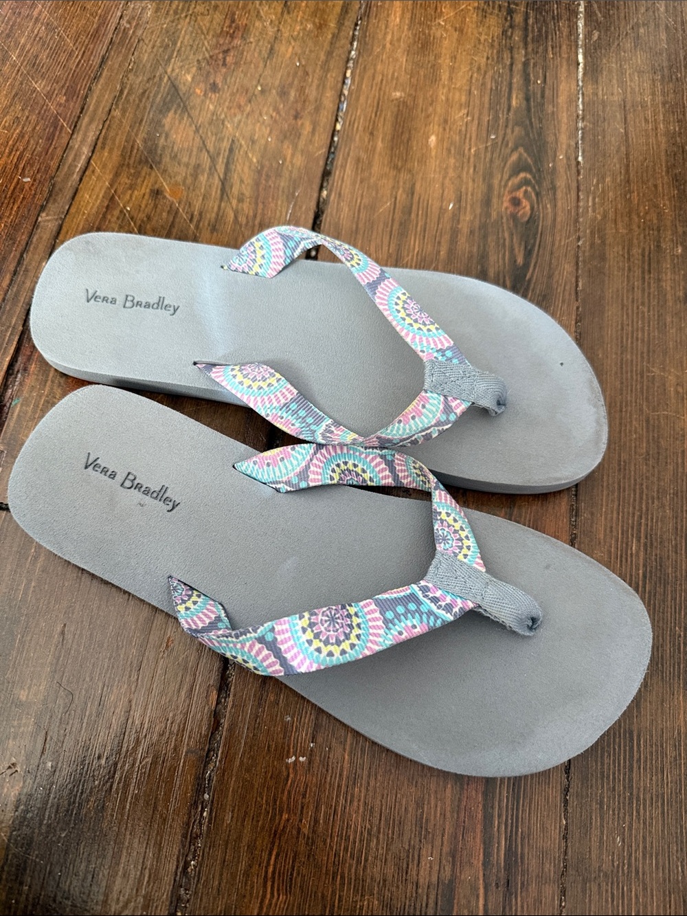 Vera Bradley Gray Flip Flop Sandals with Patterned Multicolor Straps